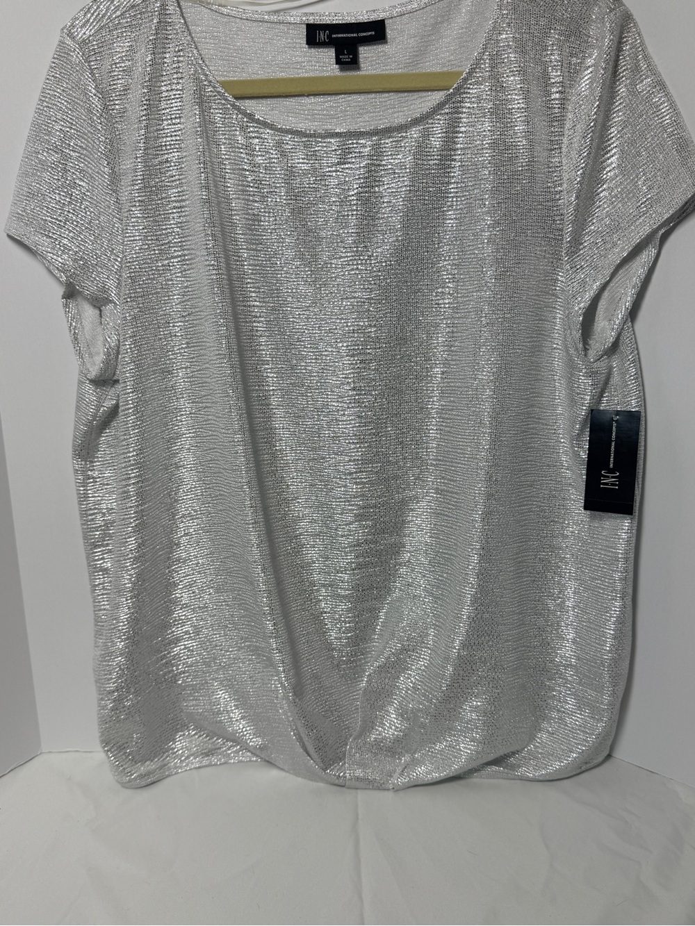 INC International Concepts Silver Metallic Short Sleeve Shimmer Top